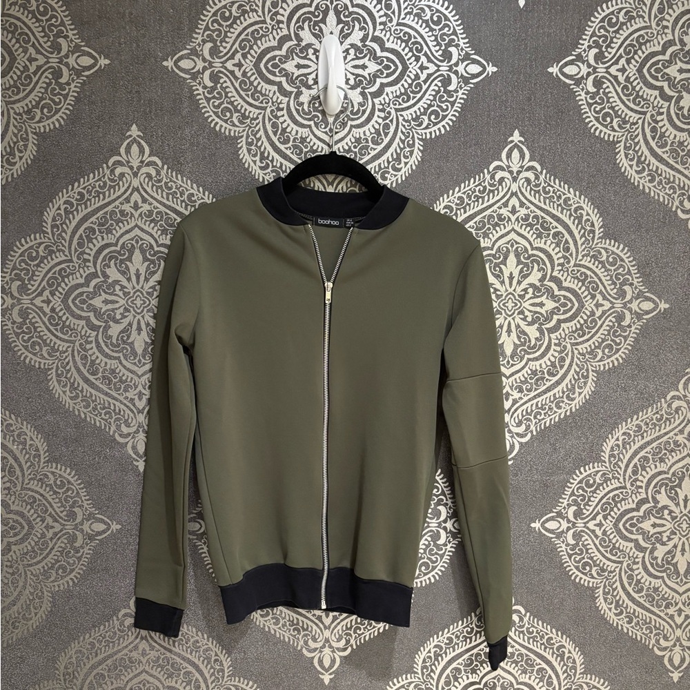 Boohoo Green Bomber Jacket with Black Accents